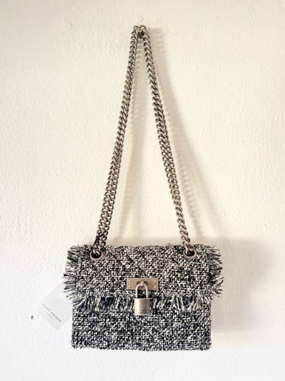 NWT Kurt Geiger T-Mini Brixton Lock Bag in a black and white tweed